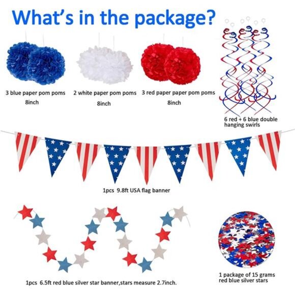 29-Piece Patriotic Party Decor Set – Red, White & Blue Fans, Poms, Banners - Picture 4 of 7
